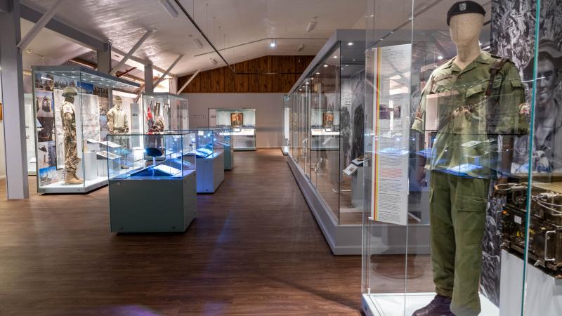 A long view of a hall with various glass display cabinets filled with military items.